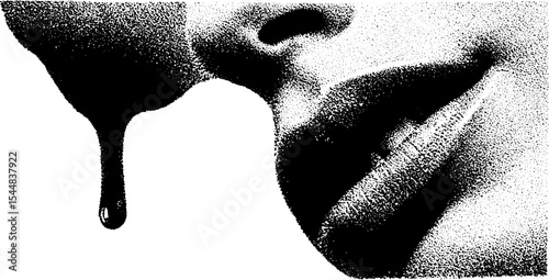 Mysterious vampire bite wound with blood drip in high contrast black and white design