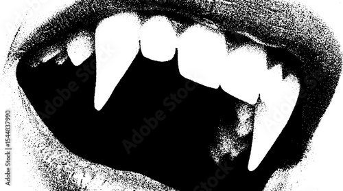 Vampire fangs dripping blood on black background in high contrast art