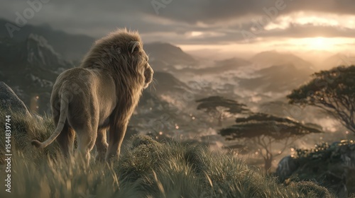 A majestic lion walks away, showing its powerful physique from behind, as dawn breaks over a misty landscape with rolling hills and trees in the distance