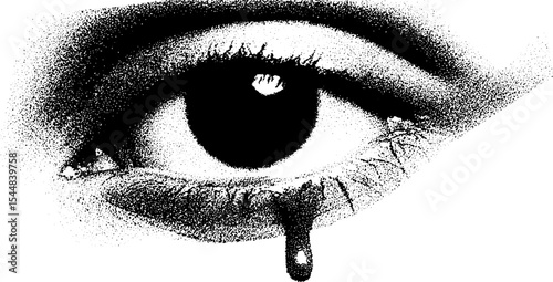 Creepy zombie eye with dripping liquid in high contrast black and white