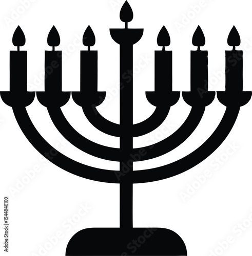 Black and white illustration of a traditional jewish menorah with lit candles.