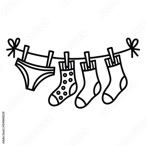 Laundry line with socks and underwear simple black and white outline
