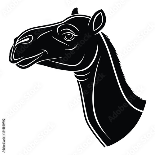 Monochrome Illustration of a Camel's Head and Neck Depicting the Animal in Striking Silhouette Style Artwork with Precise Outlines