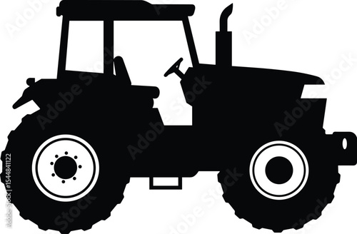 Silhouette of agricultural tractor vehicle with large rugged wheels, farming transport icon, black vector farm equipment, rural machine symbol, heavy machinery for agriculture field use