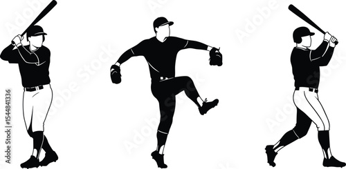 Baseball player silhouette collection, batting stance, pitcher motion, hitter swing, sports action illustration, black and white vector, athletic team training, game pose design graphic
