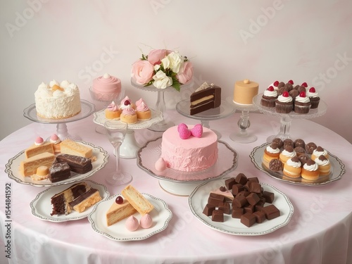 An assortment of cakes and pastries displayed on stands and plates on a pink tablecloth surface