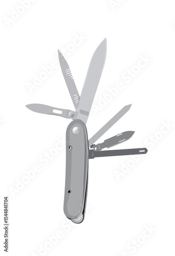  Detailed illustration of an open grey multi-tool knife with multiple blades and implements extended showcasing its versatility and functionality