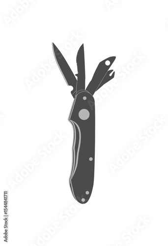  Sleek illustration of a closed grey multi-tool knife with various implements tucked away symbolizing versatility and preparedness for outdoor activities