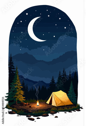  Yellow camping tent illuminated by a warm campfire under a starry night sky with a crescent moon and distant mountains
