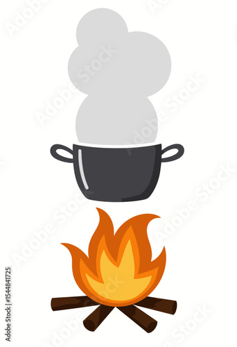  Traditional cooking pot with rising steam placed directly over a crackling outdoor campfire for a rustic meal