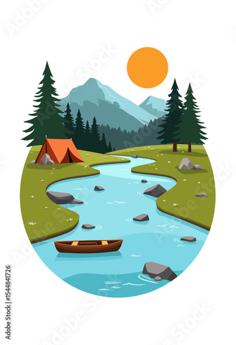  Red camping tent by a winding blue river with a small wooden boat mountains and a bright sun in the background