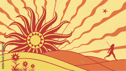 Illustration of a person walking towards a large sun with rays on a landscape with flowers and a star