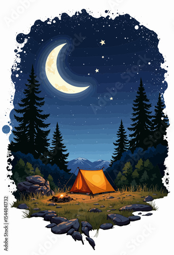 Yellow camping tent with a crackling campfire under a brilliant crescent moon and sparkling stars in a dark forest