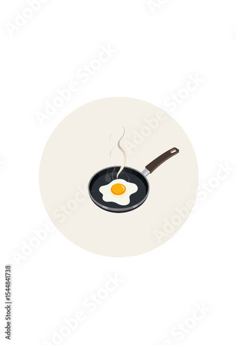  Single perfectly cooked fried egg with a bright yellow yolk steaming in a classic black frying pan