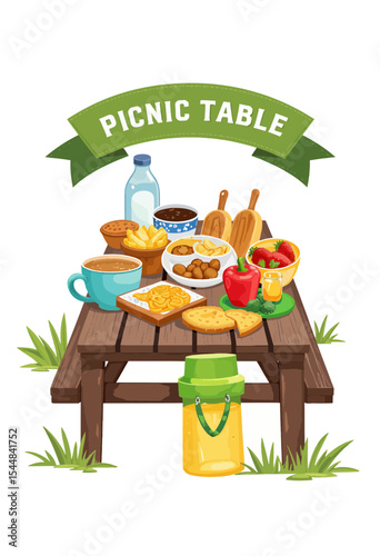  Rustic wooden picnic table overflowing with various foods and beverages set against a green background with a Picnic Table banner