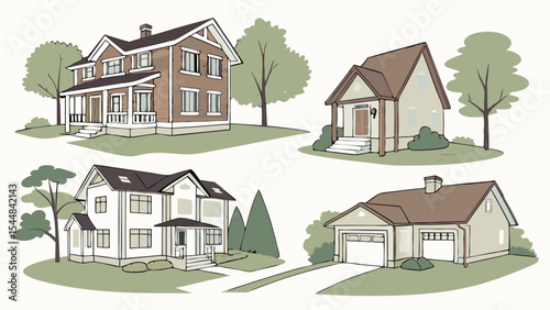Vector illustration of a residential house with trees, an ideal icon for real estate and property design