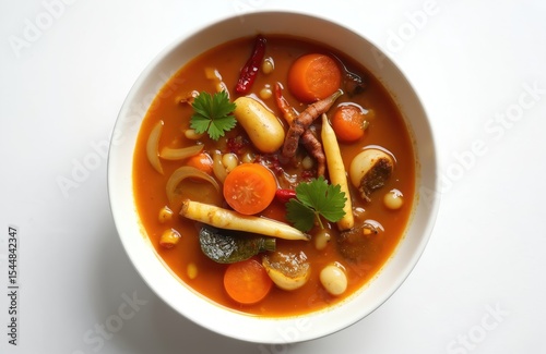 Sambar south indian food in white bowl. Traditional vegetarian dish, tomato-based vegetable stew with tamarind, vegetables like carrot, onion. Indian cuisine, kerala tamil nadu breakfast, lunch