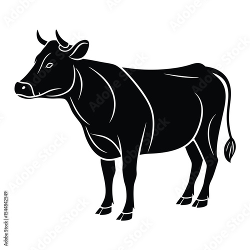 Stylized Black and White Illustration of a Standing Cow a Bovine Animal with Detailed Lines Depicting Form and Musculature