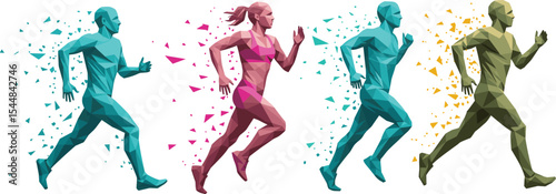 Low poly runners in colorful geometric style, group of athletes in motion, abstract vector illustration, fitness activity, jogging people, polygonal shapes, dynamic health sports concept
