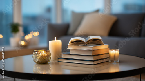 On the modern coffee table, a mix of books and candles adds warmth and charm to the contemporary living room.


