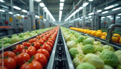 Fototapeta Naklejka Na Ścianę i Meble -  Inside food processing factory. Robotic assembly lines transport fresh produce. Red tomatoes, green cabbage, yellow oranges move through production. Automation, efficiency, modern tech. Industrial