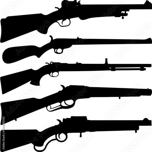 "Black silhouette illustrations of vintage firearms including muskets, revolvers, and bolt-action rifles. The image is minimalist with no texture, arranged in a flat grid layout viewed from above."


