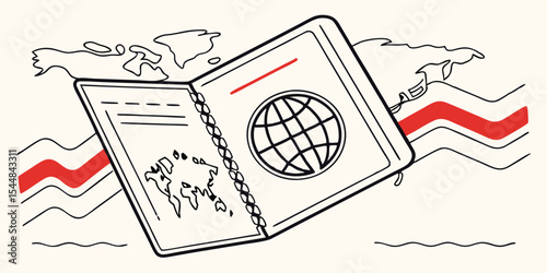 Open passport with world map and globe icon against world map and red wave background design