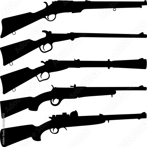 "Black silhouette illustrations of vintage firearms including muskets, revolvers, and bolt-action rifles. The image is minimalist with no texture, arranged in a flat grid layout viewed from above."


