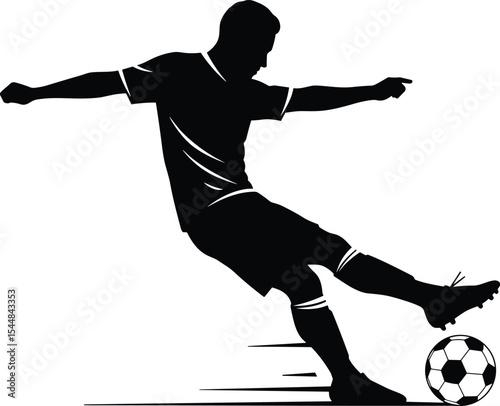 Silhouette of soccer player kicking ball in motion, black vector illustration, action pose athlete, football match concept, powerful strike, isolated sports graphic, competitive game moment