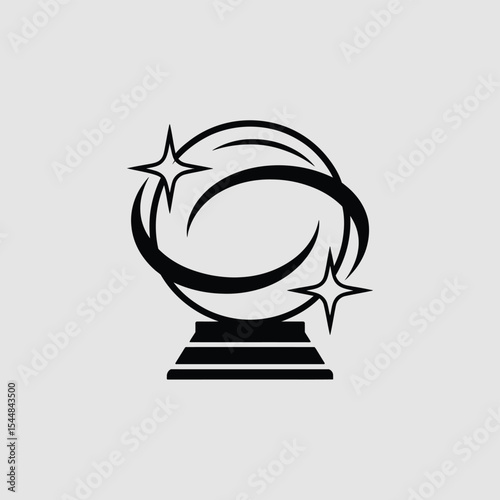 Crystal Ball with Stars and Orbits Minimalist Black and White Illustration