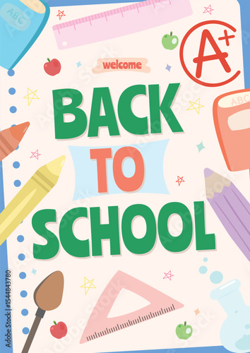 Back to school background with cute school supplies.