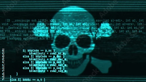 Abstract digital glitch effect with skull. Noise looped background for hacked mobile phone screen. Error signal loop. Virus code and software hack concept. Cyber security