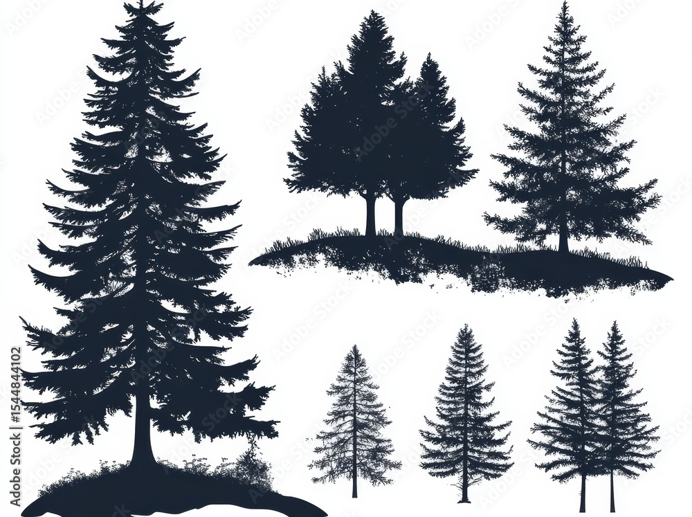 Obraz premium A collection of evergreen coniferous forest trees is depicted in a modern illustration featuring vintage trees and forest silhouettes in monochrome style