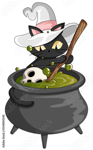 Black Witch Cat Stirring Potion with Skull in Cauldron – Spooky Halloween Cartoon Illustration