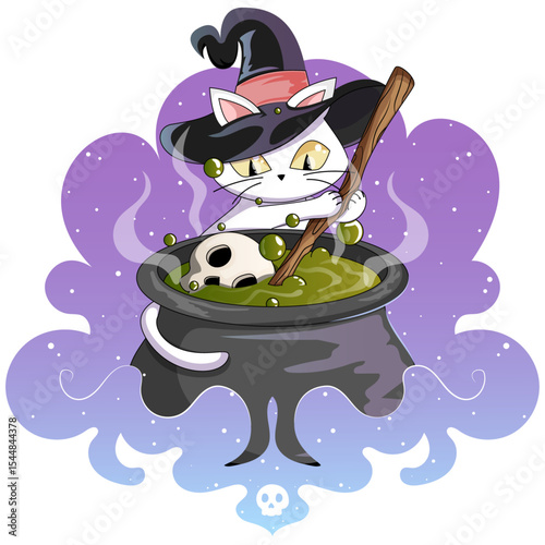 White Cat with Witch Hat Stirring Deadly Potion in Magical Fog. Cute Halloween Graphic Isolated
