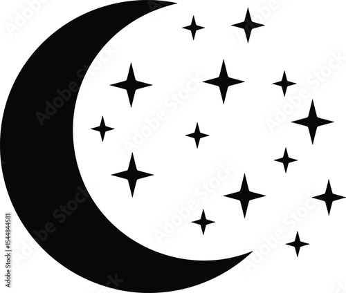 Crescent moon with scattered stars icon, celestial night sky illustration, simple black silhouette, spiritual symbol design, astronomy concept, dreamy moon and stars vector art isolated
