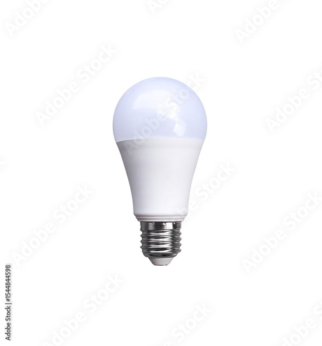 LED Light Bulb Idolated, A modern, white LED light bulb with a silver screw base stands upright