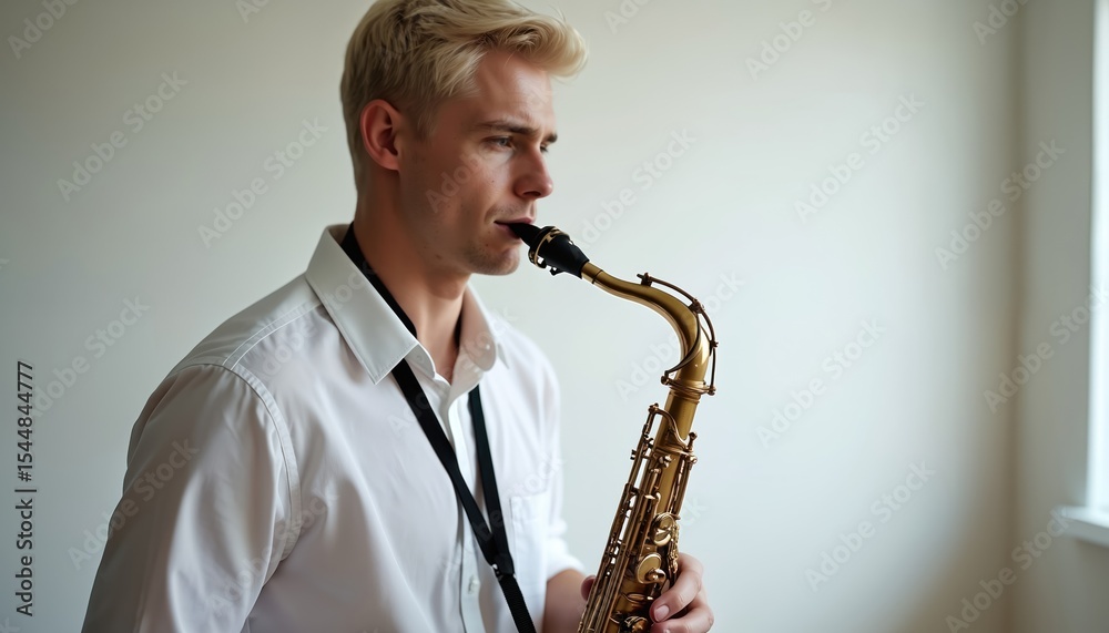 Fototapeta premium Young musician plays saxophone in studio. Blond male artist, with short hair, performs jazz music. Classic sax, musical instrument, pro. Music concept. Copy space.