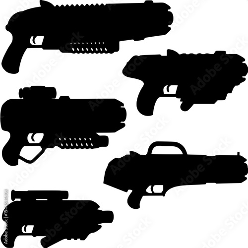 "A collection of sci-fi energy weapons shown as stylized silhouettes on a white background. Each weapon is designed with a futuristic shape but rendered with no interior detail, focusing only on form.