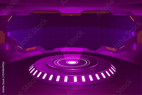 Futuristic Showcase: A sleek, modern interior with a circular platform and a vibrant holographic display, bathed in a futuristic purple glow.
