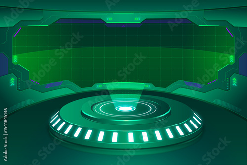 Futuristic Interface: A detailed representation of a futuristic interface, rendered in vibrant green tones. The scene likely represents technology's innovation and the digital domain's essence.