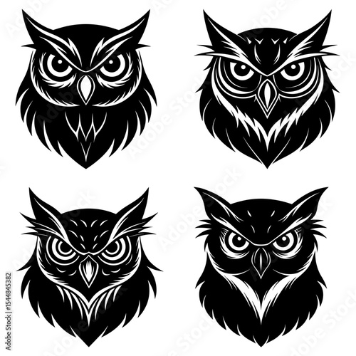Four detailed owl head illustrations in black and white with varied feather patterns and intense gaze design