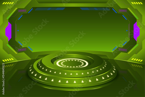 Green Sci-Fi Stage: A futuristic green stage with neon accents, ready for a presentation or futuristic showcase, the clean design and bright lights give off a modern feeling.
