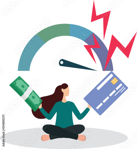 Good credit score for credit card spending with sufficient cash to pay debt create excellent personal financial plan.flat design.illustration with people.