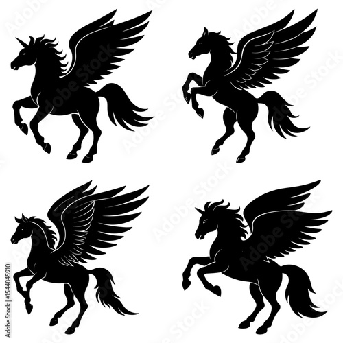 Four black pegasus silhouettes in various poses against a white background in a symmetrical arrangement