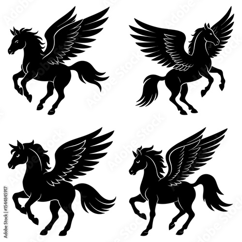 Four black pegasus silhouettes with detailed wings in various poses on a white background image art