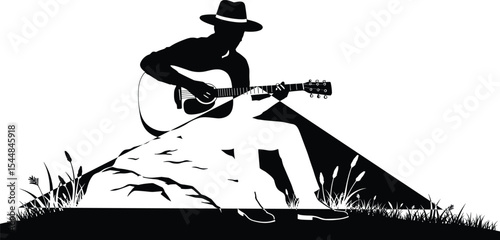 Silhouette of man playing acoustic guitar outdoors, sitting on rock, wearing hat, peaceful nature scene, countryside musician, relaxing mood, musical performance, folk lifestyle, scenic background