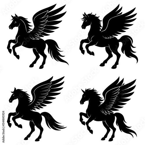 Four black silhouette pegasus figures with wings in various poses on a white background design layout