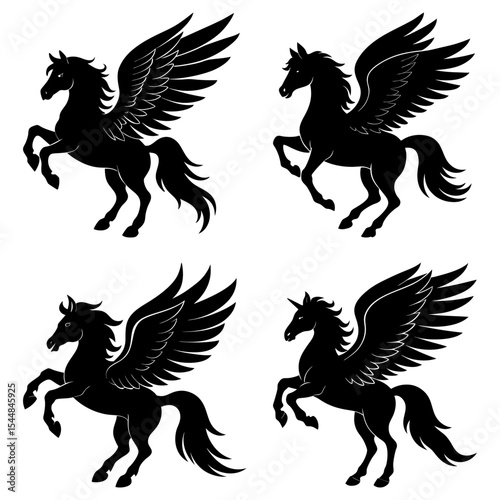 Four black pegasus silhouettes in various poses against a white background in a vector illustration