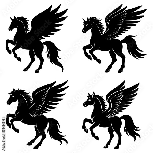 Four black silhouette pegasus figures with detailed wings on a white background in various positions